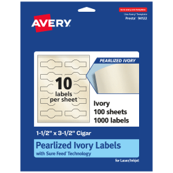 Avery® Pearlized Permanent Labels With Sure Feed®, 94122-PIP100, Cigar, 1-1/2" x 3-1/2", Ivory, Pack Of 1,000 Labels