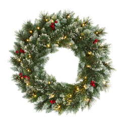 Nearly Natural 24"H Frosted Swiss Pine Artificial Wreath With 35 LED Lights And Berries, 24" x 5", Green