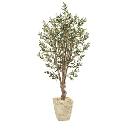 Nearly Natural Olive Tree 60"H Artificial Plant With Planter, 60"H x 11"W x 11"D, Green/Country White