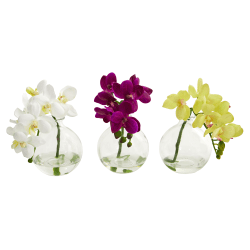 Nearly Natural 9"H 3-Piece Artificial Phalaenopsis Orchid Set With Vase, Multicolor