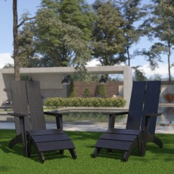 Flash Furniture Sawyer Modern All-Weather Poly Resin Wood Adirondack Chairs With Footrests, Black, Set Of 2 Chairs