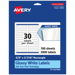 Avery® Glossy Permanent Labels With Sure Feed®, 94210-WGP100, Rectangle, 2/3" x 3-7/16", White, Pack Of 3,000