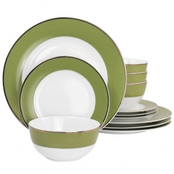 Martha Stewart Gold Rimmed 12-Piece Fine Ceramic Dinnerware Set, Green