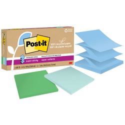 Post-it 100% Recycled Paper Super Sticky Pop-Up Notes, 420 Total Notes, Pack Of 6 Pads, 3" x 3", Oasis Collection, 70 Notes Per Pad