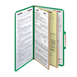 Smead® Pressboard Classification Folder With SafeSHIELD Fastener, 2 Dividers, Legal Size, 100% Recycled, Green