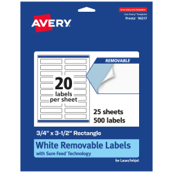 Avery® Removable Labels With Sure Feed®, 94217-RMP25, Rectangle, 3/4" x 3-1/2", White, Pack Of 500 Labels