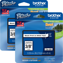 Brother® P-touch TZe Laminated Tape Cartridges, 3/8"W x 26 1/5'L , Rectangle, White, 2 Per Bundle