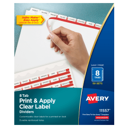 Avery® Customizable Index Maker® Dividers For 3 Ring Binder, Easy Print & Apply Clear Label Strip, 8 Tab, White, Pack Of 50 Sets