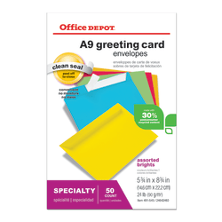 Office Depot® Brand Greeting Card Envelopes, A9, Clean Seal, Assorted Brights, Box Of 50