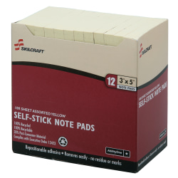 SKILCRAFT 3" x 5" 30% Recycled Self-Stick Notes, Yellow (AbilityOne 7530-01-116-7865)