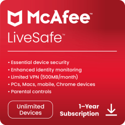 McAfee® LiveSafe AntiVirus & Internet Security Software, For Unlimited Devices, 1-Year Subscription, Download