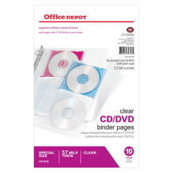 Office Depot® Brand CD/DVD Binder Pages, 6" x 10 1/2", Clear, Pack Of 10