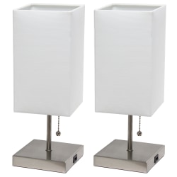 Simple Designs Petite Stick Lamps With USB Charging Port, White Shade/Brushed Nickel Base, Set Of 2 Lamps
