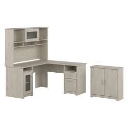 Bush Business Furniture Cabot 60"W L-Shaped Corner Desk With Hutch And Small Storage Cabinet With Doors, Linen White Oak, Standard Delivery