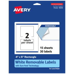 Avery® Removable Labels With Sure Feed®, 94253-RMP15, Rectangle, 4" x 5", White, Pack Of 30 Labels