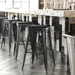 Flash Furniture Cierra Set of 4 Commercial Grade 30" High Backless Metal Indoor Bar H Stools, Black Resin Wood Seat/Black Frame - 4ET32030BKRPL2B