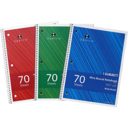 Sparco® Wirebound Notebooks, 8 x 10 1/2", Wide Ruled, 70 Sheets, Assorted Colors, Pack Of 3
