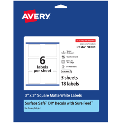 Avery® Durable Removable Labels With Sure Feed®, 94101-DRF3, Square, 3" x 3", White, Pack Of 18