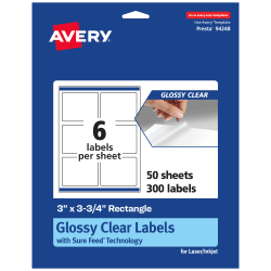 Avery® Glossy Permanent Labels With Sure Feed®, 94248-CGF50, Rectangle, 3" x 3-3/4", Clear, Pack Of 300