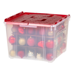 Iris Holiday Wing Lid Ornament Box With Dividers, 13-13/16"H x 18-5/16"W x 19-5/16"L, Clear/Red