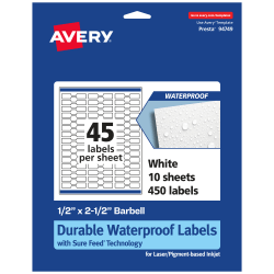 Avery® Waterproof Permanent Labels With Sure Feed®, 94749-WMF10, Barbell, 1/2" x 2-1/2", White, Pack Of 450