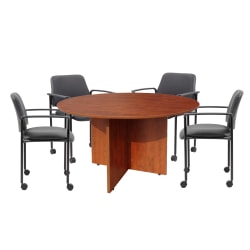 Boss Office Products Round Table And 4 Stackable Guest Chairs Set, Cherry/Black