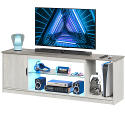 Bestier LED Gaming TV Stand For 65" TVs With Cabinet & Adjustable Glass Shelf, 20-1/2"H x 58-1/4"W x 13-13/16"D, White Wash