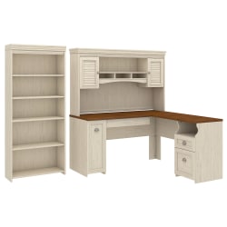 Bush Furniture Fairview 60"W L-Shaped Desk With Hutch And 5-Shelf Bookcase, Antique White, Standard Delivery