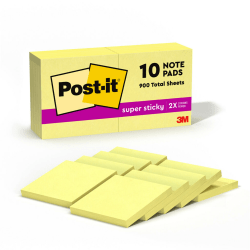 Post-it® Super Sticky Notes, 3 in x 3 in, 10 Pads, 90 Sheets/Pad, 2x the Sticking Power, Canary Yellow