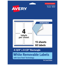 Avery® Removable Labels With Sure Feed®, 94127-RMP15, Rectangle, 4-3/4" x 3-1/2", White, Pack Of 60 Labels