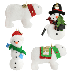 Martha Stewart Holiday Plush Polar Bear And Snowman Ornament Set, 5-1/2"H x 2"W x 5"D, White, Set Of 4 Ornaments