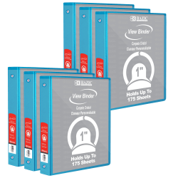 BAZIC Products 3-Ring View Binder With 2 Pockets, 1" Round, Cyan, Pack Of 6