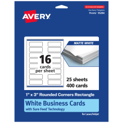 Avery® Printable Rounded Corner Mini Business Cards With Sure Feed® Technology, Print-To-The-Edge, 1"x3", Matte White, Pack Of 400