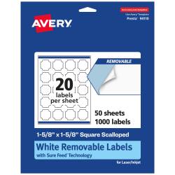 Avery® Removable Labels With Sure Feed®, 94110-RMP50, Square Scalloped, 1-5/8" x 1-5/8", White, Pack Of 1,000 Labels