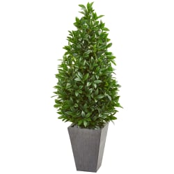 Nearly Natural 57"H Bay Leaf Cone Topiary Tree With UV-Resistant Planter, Green/Slate