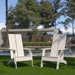 Flash Furniture Sawyer Modern All-Weather Poly Resin Wood Adirondack Chairs, White, Set Of 2 Chairs