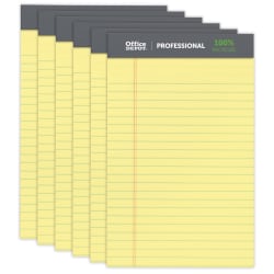 Office Depot® Brand Perforated Pads, 5" x 8", Narrow Ruled, 500 Pages, 100% Recycled, Canary, Pack Of 6