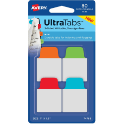 Avery® UltraTabs Repositionable Mini Tabs - Write-on Tab(s) - 1.50" Tab Height x 1" Tab Width - Assorted Tab(s) - 80 / Pack