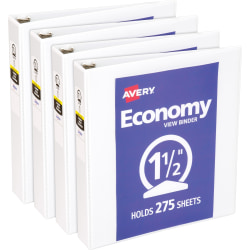 Avery® Economy View Binder, 1 1/2" Ring, 8 1/2" x 11", White, Pack Of 4