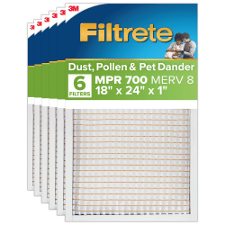 Filtrete™ 18 x 24 x 1 Air Filter, 6 HVAC Filters, MPR 700, Merv 8, Dust, Pollen & Pet Dander, 3 Month Pleated 1 Inch Electrostatic Air Filters