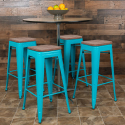 Flash Furniture 30" High Metal Indoor Bar Stool with Wood Seat - Stackable Set of 4, Teal
