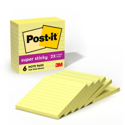 Post-it® Super Sticky Notes, 540 Total Notes, Pack of 6 Pads, 4" x 4", Canary Yellow, Lined, 90 Notes Per Pad