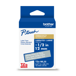 Brother P-touch TZeML35 Premium Matte Laminated Label Tape, 0.47 in x 26.2 ft (12mm x 8m), White on Gray