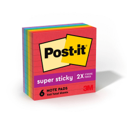 Post-it Super Sticky Notes, 4 in x 4 in, 6 Pads, 90 Sheets/Pad, 2x the Sticking Power, Playful Primaries Colors, Lined