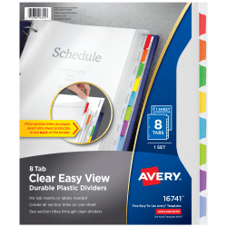Avery® Clear Easy View Durable Plastic Dividers For 3 Ring Binders, 8-1/2" x 11", 8-Tab, Bright Multicolor, 1 Set