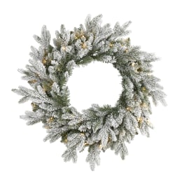 Nearly Natural Flocked Artificial Christmas Wreath With 50 LED Lights, 24" x 5", Green
