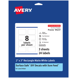 Avery® Durable Removable Labels With Sure Feed®, 94237-DRF3, Rectangle, 2" x 3", White, Pack Of 24