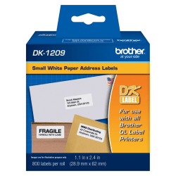 Brother DK-1209 Small Address Labels, White, 2 1/2" x 1 1/2", Roll Of 800
