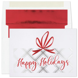 Custom Embellished Holiday Cards And Foil Envelopes, 5-5/8" x 7-7/8", Season's Gifts, Box Of 25 Cards/Envelopes