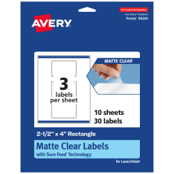 Avery® Permanent Labels With Sure Feed®, 94245-CMF10, Rectangle, 2-1/2" x 4", Matte Clear, Pack Of 30